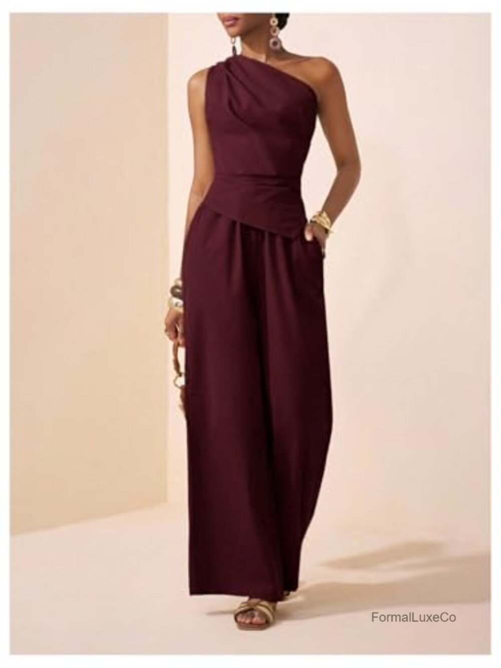 One Shoulder Ruched Top and Wide Leg Pants Matching Set - Picture 5 of 5